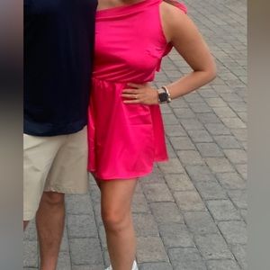 One shoulder hot pink satin romper